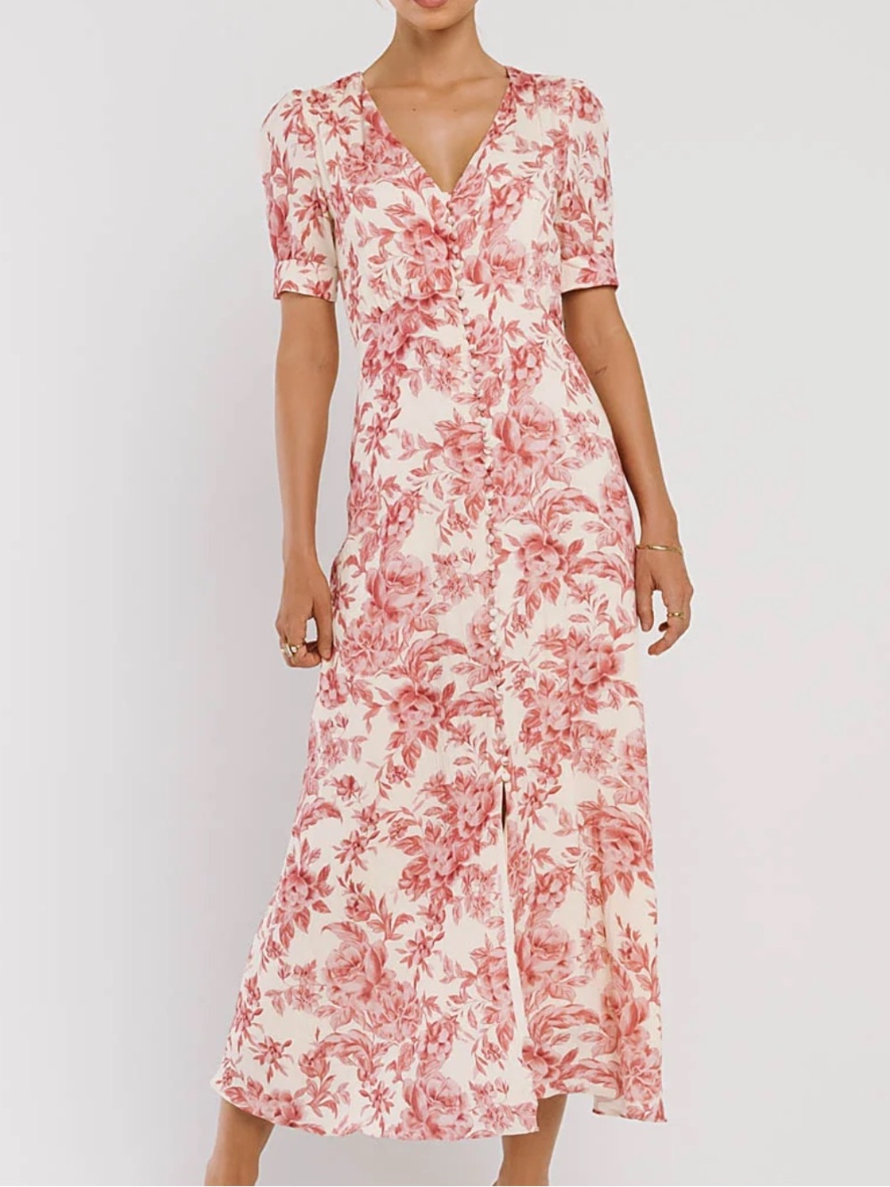 bohme NWT Cream Blush Rose Floral V-Neck Midi Button Dress XS